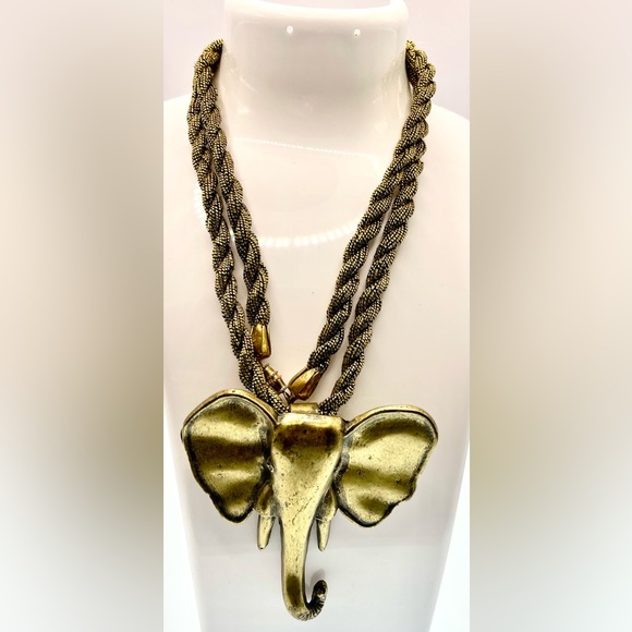 Vintage Jewelry - Vintage Large Brass Elephant Pendant on Black and Gold Cord Necklace Boho